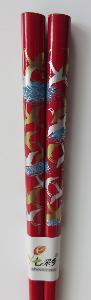 Red Lacquered wooden chopsticks with Crane images on handles Red Lacquered wooden chopsticks with Crane images on handles